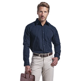 Barron Men's Civic Lounge Shirt Long Sleeve – 65/35 Poly Cotton Blend – Vertical Stripe Pattern, Raised Collar, Mitred Cuffs, Back Box Pleat | Usbandmore