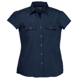 Barron Ladies City Blouse Navy – Lightweight 65/35 Poly Cotton Blend – Capped Sleeves, Side Panels, Box Pleat Pockets, Curved Hem, Metal Stud Accents | Usbandmore