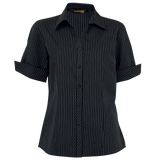 Barron Ladies Quest Short Sleeve Blouse Black-White – 65/35 Poly-Cotton Blend – Subtle Stripe Design, Turn-Up Cuffs, Bust Darts, Curved Hem | Usbandmore