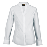 Ladies White Barista Lounge Long Sleeve Shirt – Lightweight Poly-Cotton Blend – Mandarin Collar, Concealed Button Stand, Double Button Cuffs, Curved Hem, Back Box Pleat for Comfort | Usbandmore