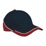 6 Panel Trio Cap - BARRON Navy-Red-White – Structured 6 panel, pre-curved peak, velcro closure, low profile, contrast panel and piping, heavy brushed cotton fabric | Usbandmore
