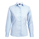 Barron 100g Ladies Berlin Blouse Long Sleeve Sky Melange/White – Poly-Cotton Blend – Raised Collar, Contrast Trim, Mitred Cuffs & Flattering Darted Fit | Usbandmore