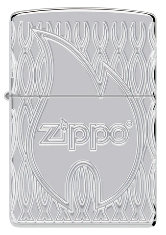 Zippo 167 Flame Design Armor® High Polish Chrome Lighter – Classic Logo & Flame with Textured MultiCut Geometric Motif – 1.5x Thicker Case, Windproof, Refillable, Lifetime Guarantee | Usbandmore
