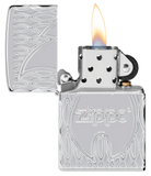 Zippo 167 Flame Design Armor® High Polish Chrome Lighter – Classic Logo & Flame with Textured MultiCut Geometric Motif – 1.5x Thicker Case, Windproof, Refillable, Lifetime Guarantee | Usbandmore