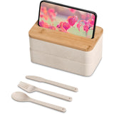 Okiyo Dura Wheat Straw Lunch Box & Phone Stand – Compact Eco-Friendly Lunch Set with Bamboo Lid & Phone Stand Slot – Includes Two Stackable Lunch Boxes & Cutlery (Knife, Fork, Spoon) – Dishwasher Safe Base & Cutlery, Hand Wash Lid – Elastic Band & Natural Kraft Gift Box | Usbandmore