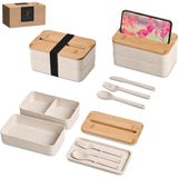 Okiyo Dura Wheat Straw Lunch Box & Phone Stand – Compact Eco-Friendly Lunch Set with Bamboo Lid & Phone Stand Slot – Includes Two Stackable Lunch Boxes & Cutlery (Knife, Fork, Spoon) – Dishwasher Safe Base & Cutlery, Hand Wash Lid – Elastic Band & Natural Kraft Gift Box | Usbandmore