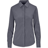 Alex Varga Long Sleeve Ladies Sorrento Shirt Grey – 120g 95% Polyester/5% Spandex – Stretch Fabric, Adjustable Two-Button Cuff, Engraved Matte Buttons, Curved Hem | Usbandmore