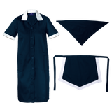 Ladies Poly Cotton 3 Piece Set Dark Navy-White – 190g 80% Polyester 20% Cotton – Contrast Revere Collar, Two Front Patch Pockets, Bust Darts, Includes Dress, Two-Tone Apron & Head Scarf, Grown-On Button Stand with Buttons | Usbandmore