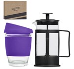 Kooshty Kupper Set PURPLE – 340ml Reusable Glass Coffee Tumbler with Silicone Lid & Grip + 350ml Borosilicate Glass Plunger – Eco-Friendly, Microwave & Dishwasher Safe – Ideal for Home, Office, and On-the-Go | Usbandmore