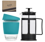 Kooshty Kupper Set Turquoise – 340ml Reusable Glass Coffee Tumbler with Silicone Lid & Grip + 350ml Borosilicate Glass Plunger – Eco-Friendly, Microwave & Dishwasher Safe – Ideal for Home, Office, and On-the-Go | Usbandmore