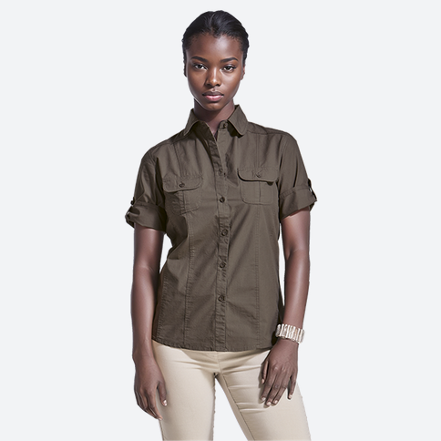 Barron Ladies Outback Blouse  – 100% Cotton – Short Roll-Up Sleeves, Two Front Pockets, Curved Hem, Feminine Fit, Tapered Side Seams | Usbandmore