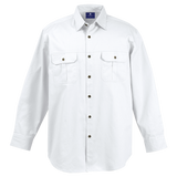 Barron Mens Long Sleeve Bush Shirt White – 100% Cotton Twill – Double-Layered Yoke, Pleated Chest Pockets, Curved Hem, Metallic Buttons | Usbandmore