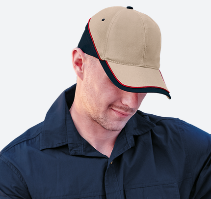 6 Panel Trio Cap - BARRON – Structured 6 panel, pre-curved peak, velcro closure, low profile, contrast panel and piping, heavy brushed cotton fabric | Usbandmore