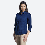 Barron Ladies Hamilton Check Blouse  – 65/35 Poly Cotton Blend – Yarn-Dyed Check, ¾ Sleeves with Turn-Up Cuffs, Concealed Button Stand, Flattering Darts, Double Layer Back Yoke