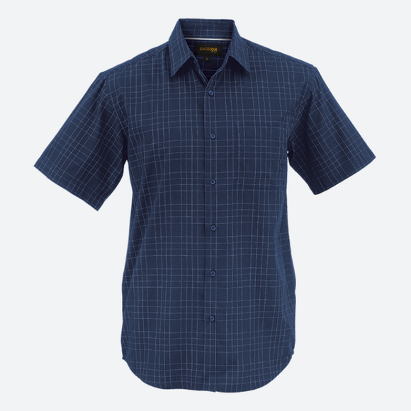 Barron Mens Hamilton Check Lounge Short Sleeve Navy – 65/35 Poly Cotton Blend – Yarn-Dyed Check, Grown-On Placket, Chest Pocket, Dropped Shoulder, Double Layer Back Yoke | Usbandmore